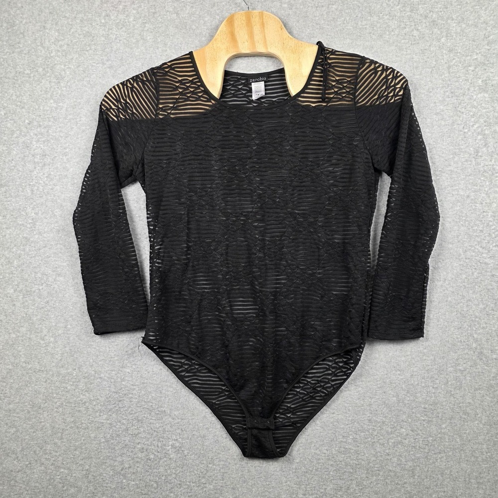 Y2K Zenobia Bodysuit Womens‎ 1X Black Mesh Striped Long Sleeve Sheer USA Stretch